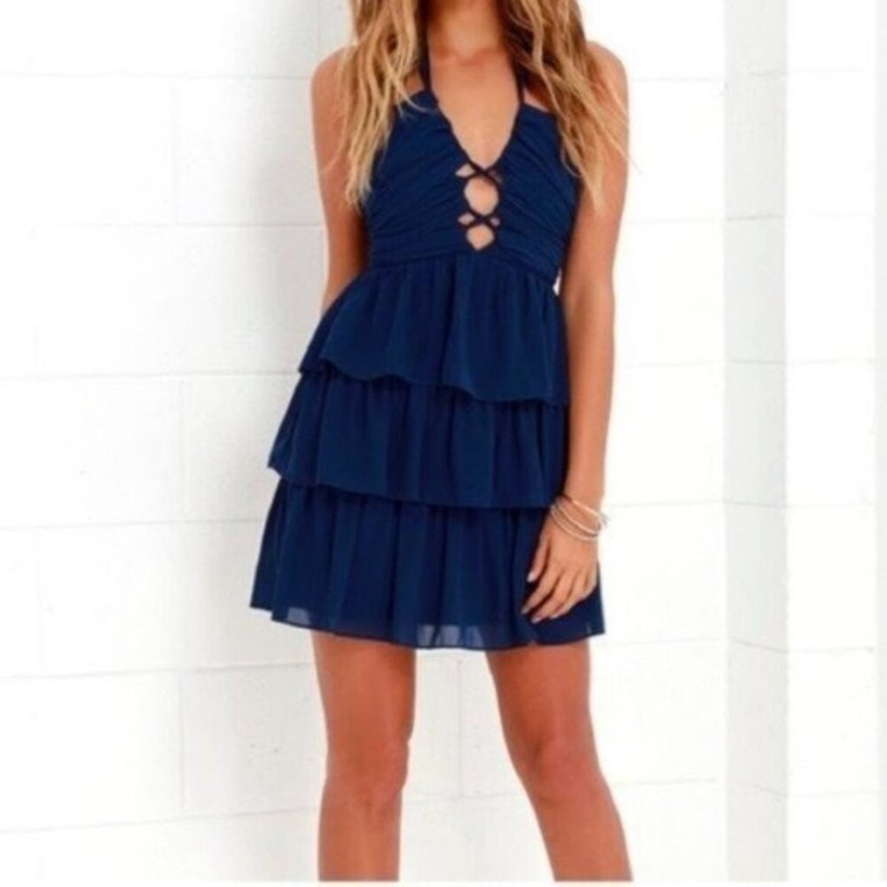 Lulus Blue Halter Tiered Lace Up Chiffon Mini Dress